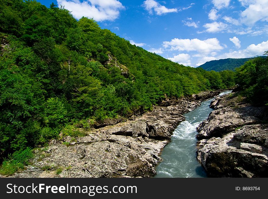 Summer mountain landscape with river. Summer mountain landscape with river