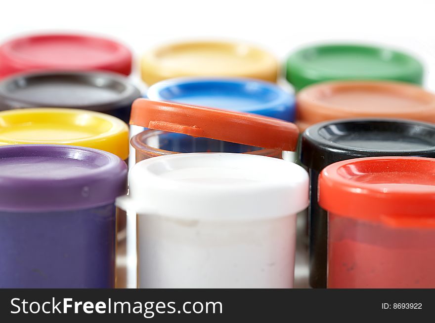 Jars With A Paint Gouache On  White Background