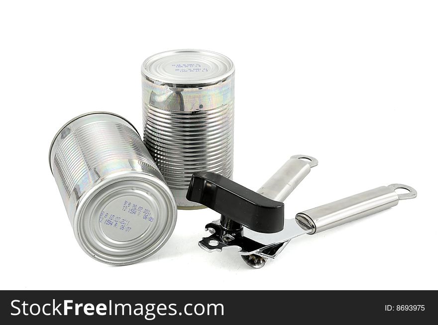 Two cans and opener on white background
