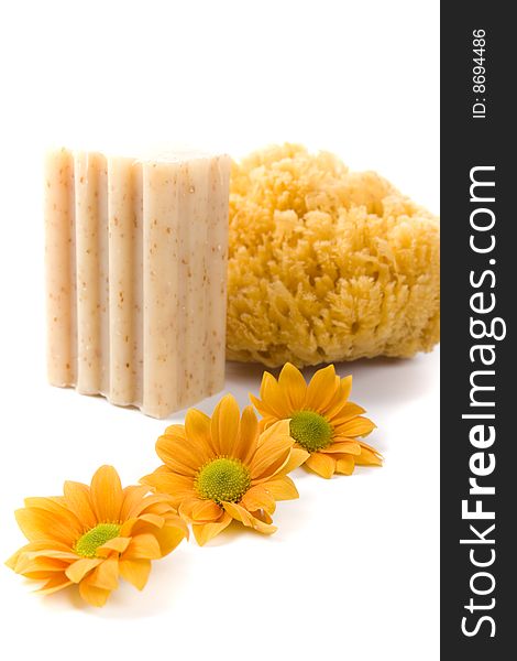 Natural sponge, soap and flowers on white background