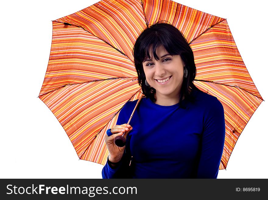 Young woman and umbrella white isolate