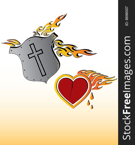 Heart and shield with abstract flames