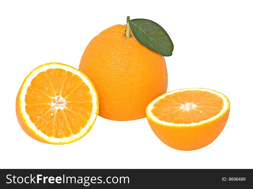 Oranges and its sections isolated on white background