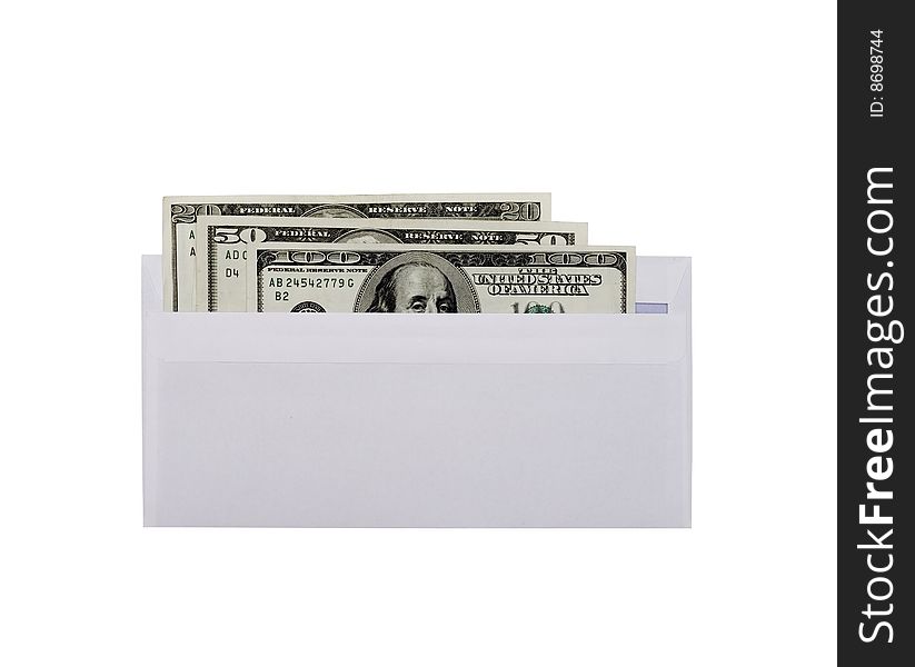 American dollars are in an envelope on white. American dollars are in an envelope on white