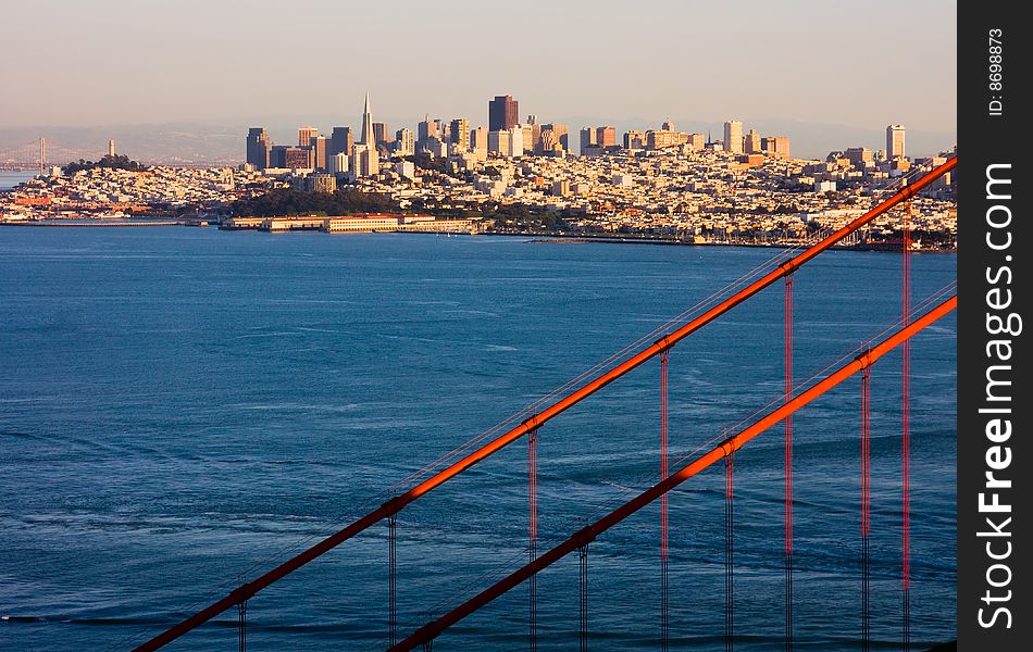 San Francisco and Golden Gate Bridge at sunset. San Francisco and Golden Gate Bridge at sunset