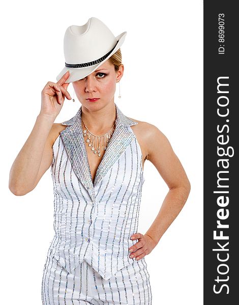 Young pretty woman in white hat and striped suit