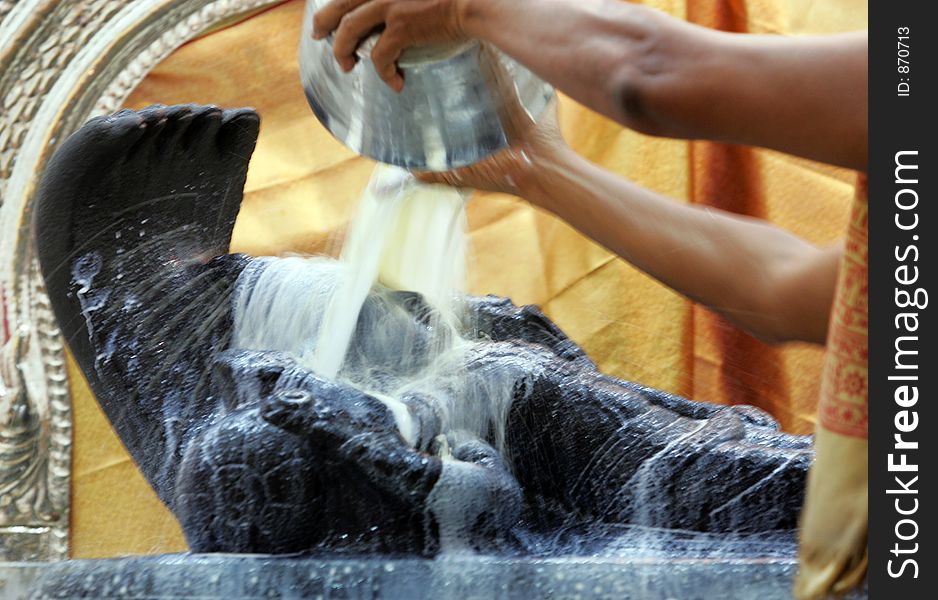 Bathing Hindu deitee with milk.