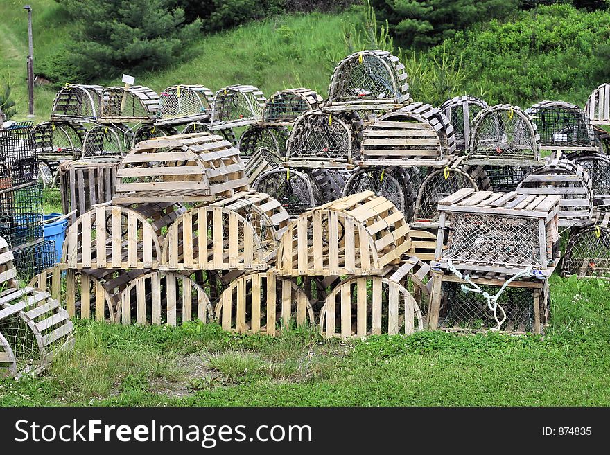 Lobster traps in a marine salvage yard