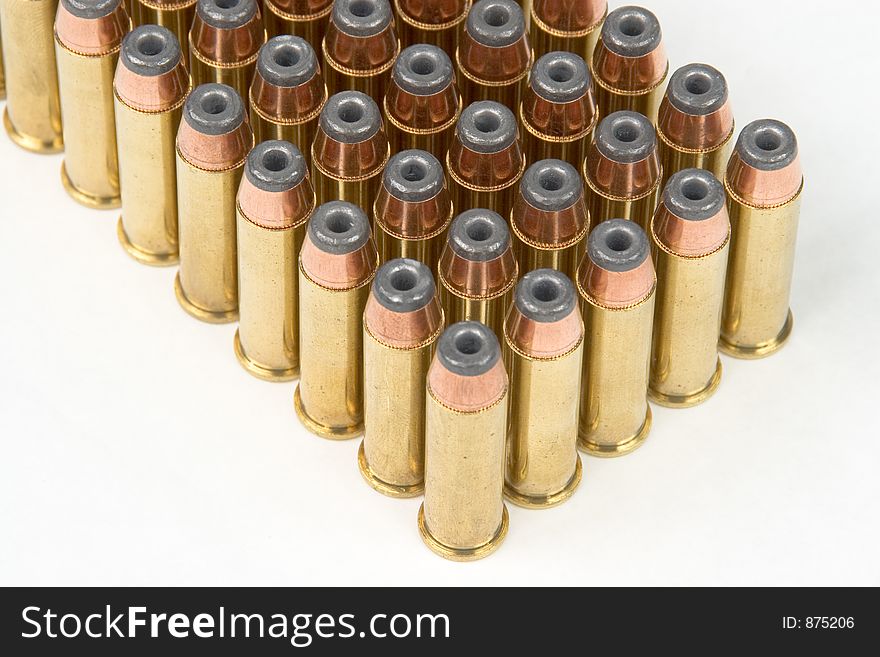 Rows of .38 Special ammo. Isolated. Rows of .38 Special ammo. Isolated