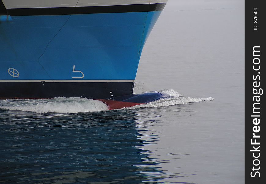 The bulbous bow on a ferry as it approaches port. Also shows the sign for bulbous bow and thruster. The bulbous bow on a ferry as it approaches port. Also shows the sign for bulbous bow and thruster.