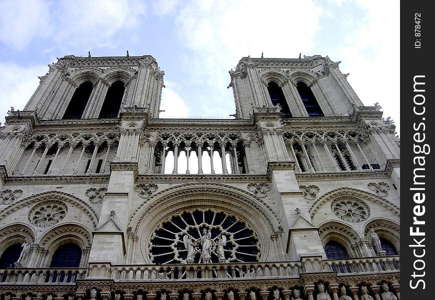 A view of Notre Dame showing the top of the Front Entrance with perspective