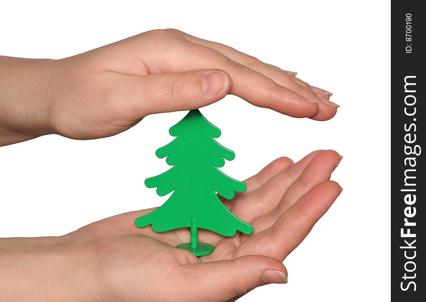 The Plastic tree in hand on white background. The Plastic tree in hand on white background.
