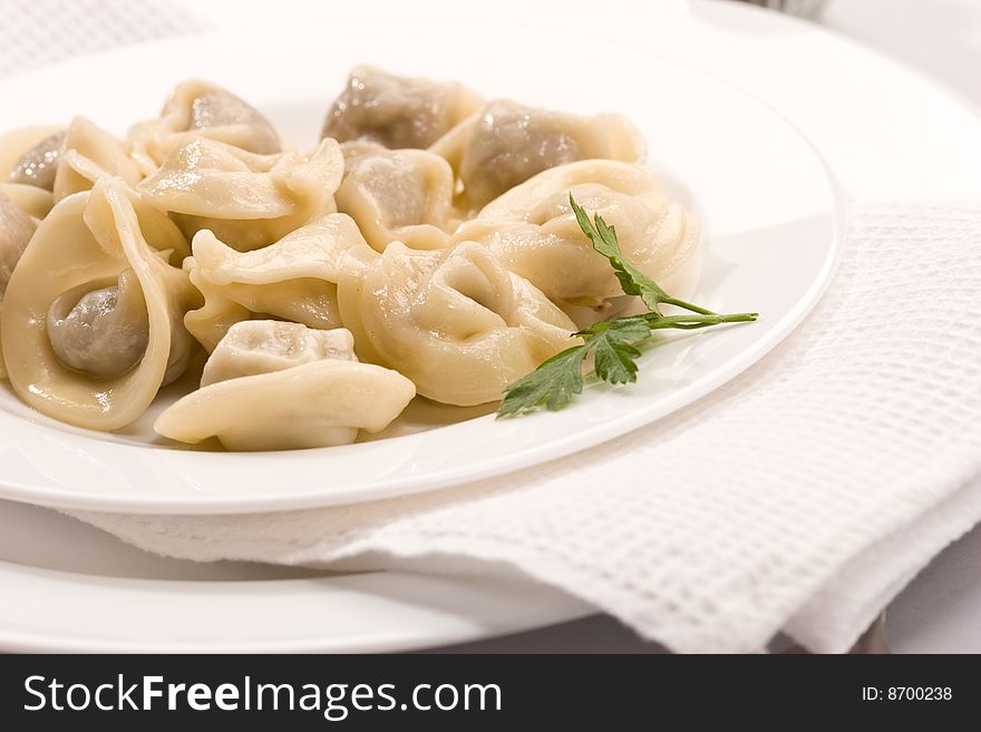 Food series: cooked ravioli with fennel on the plate