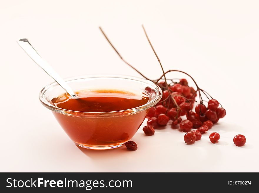 Food series: bowl with jam and viburnum  twig. Food series: bowl with jam and viburnum  twig