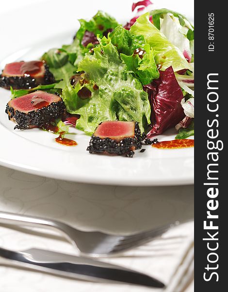 Salad - Tuna Slice with Vegetable Leaf. Salad - Tuna Slice with Vegetable Leaf