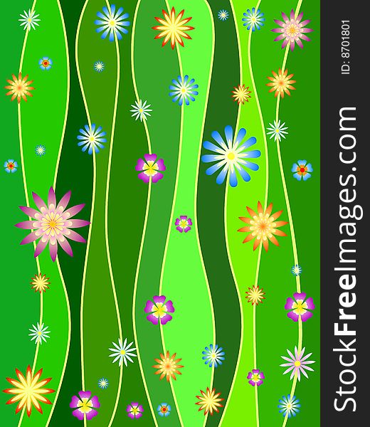 Green lines with colorful flowers, spring motif. Green lines with colorful flowers, spring motif