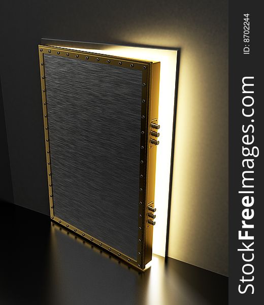 Metal door with golden frame and locks
