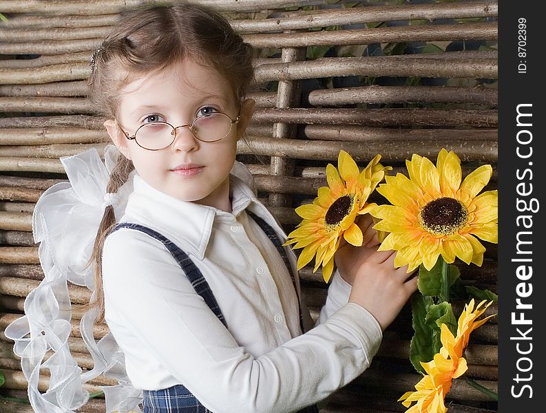 The small beautiful blonde girl with decorative flowers in studio. The small beautiful blonde girl with decorative flowers in studio