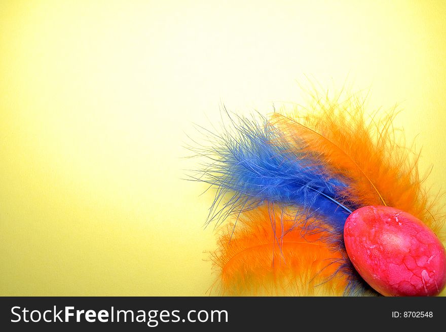 Easter egg and feathers on the yellow background