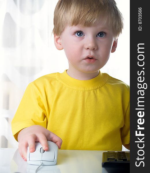 Little boy using a mouse on white background