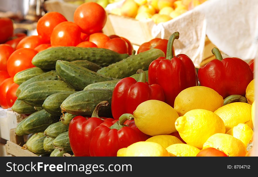 Various fresh vegetables and fruits at the market