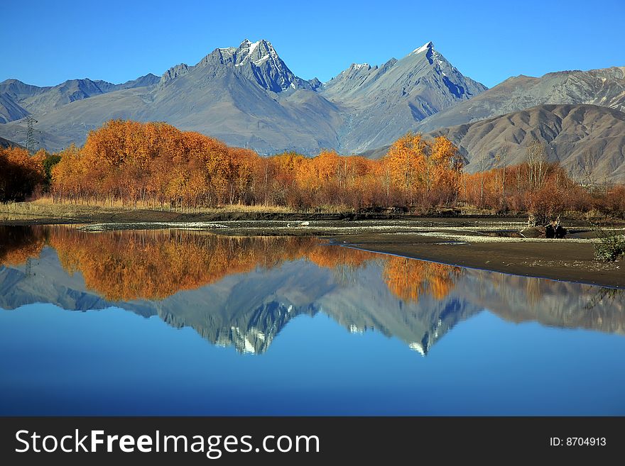 Forest and mountain reflecting in a lake.tibet,china. Forest and mountain reflecting in a lake.tibet,china