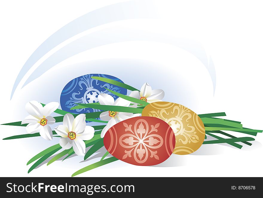 Easter eggs near to spring flowers (illustration)