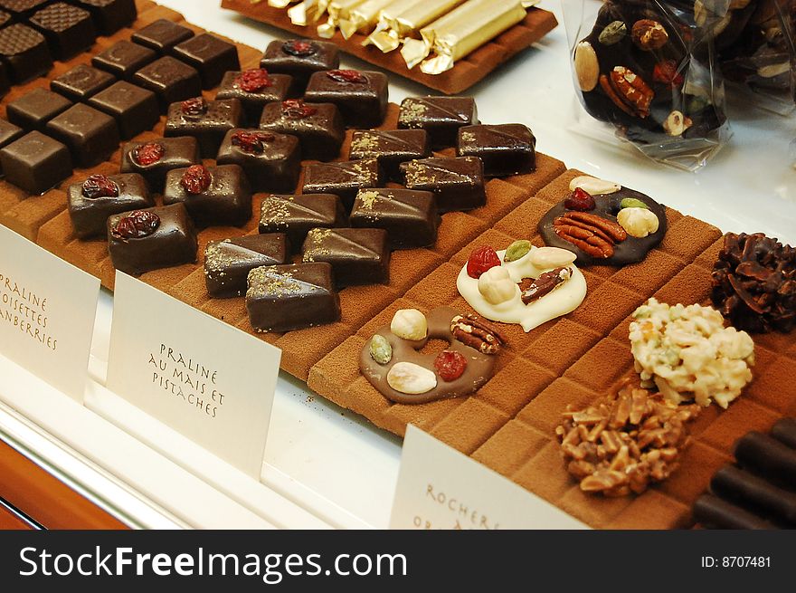 Various small chocolates in a confectionery. Various small chocolates in a confectionery.