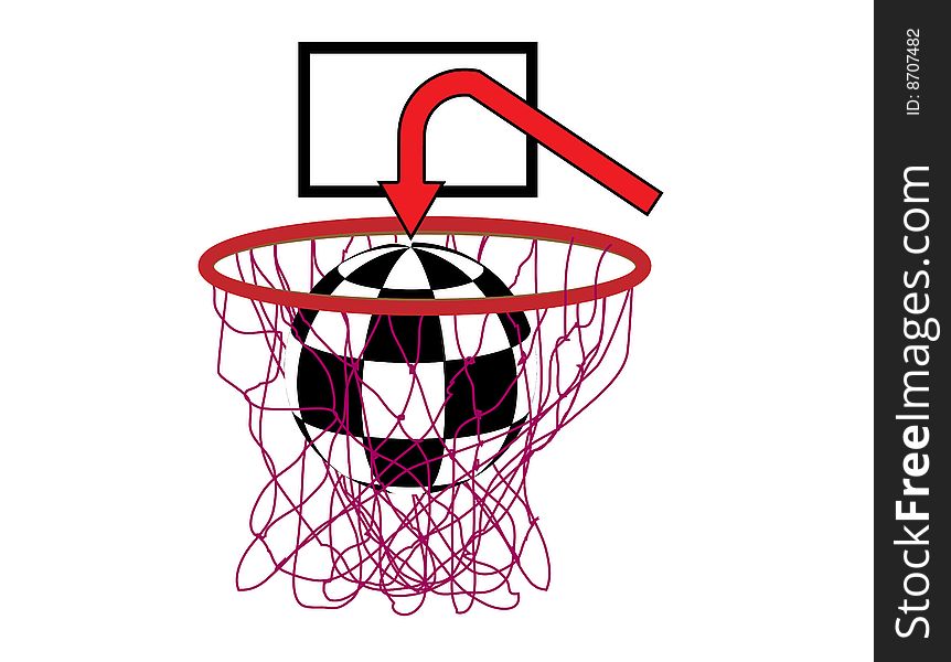 The basketball reaching down through in the basket net with arrow sign illustration