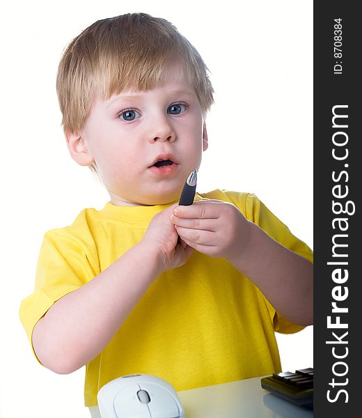Little boy using a mouse on white background