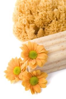 Natural Sponge, Soap And Flowers Royalty Free Stock Photos Natural Sponge, Soap And Flowers Royalty Free Stock Photos