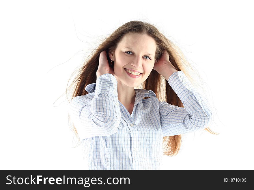 Portrait of young woman with long hair isolated on white background