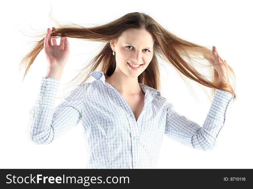 Windswept Exhilaration of young woman with long hair isolated on white background