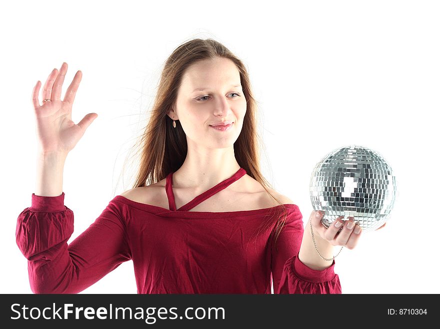 Young woman with Glass sphere isolated on white background