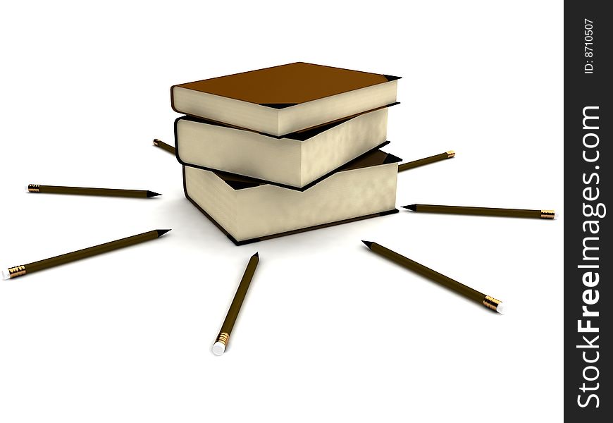 3d stack of books and pencils on an isolated background