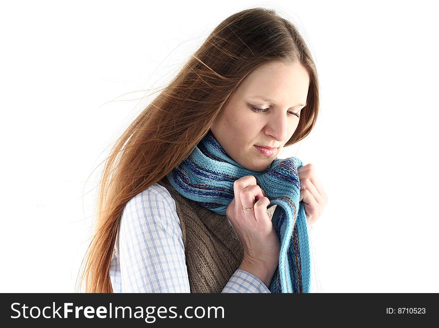 Young woman wrap up into scarf isolated on white background