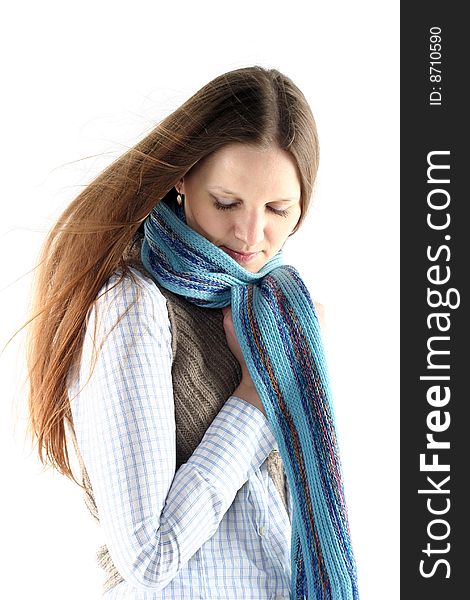 Young Woman Wrap Up Into Scarf