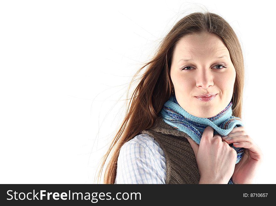 Young woman wrap up into scarf isolated on white background