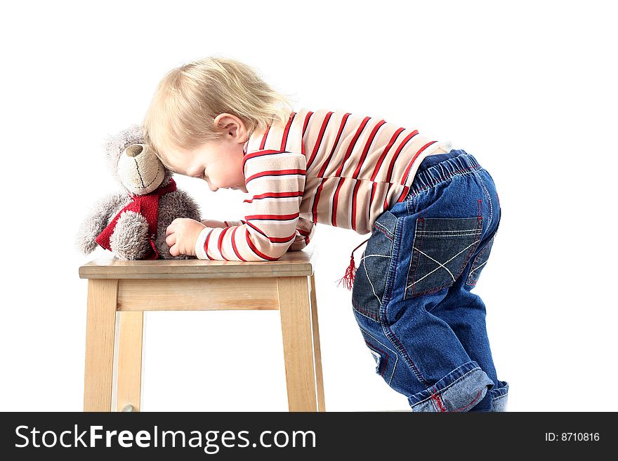 Little blond boy isolated on white background