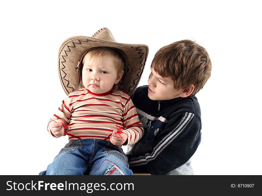 Two little boys (brothers) isolated on white background