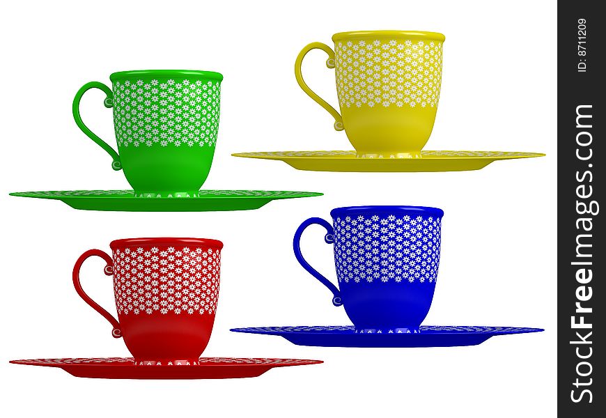 Rendered 3d isolated colorful cups (red, green, yellow, blue)