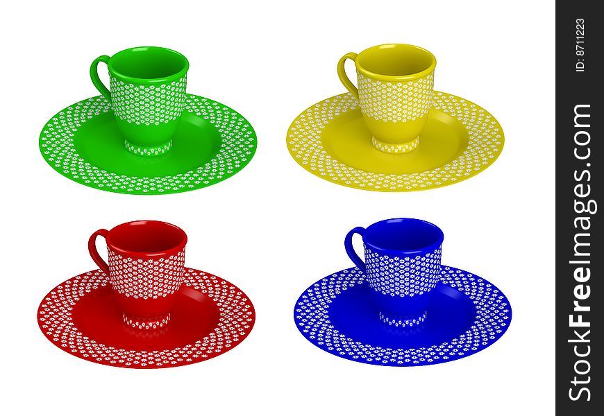 Rendered 3d isolated colorful cups (red, green, yellow, blue)