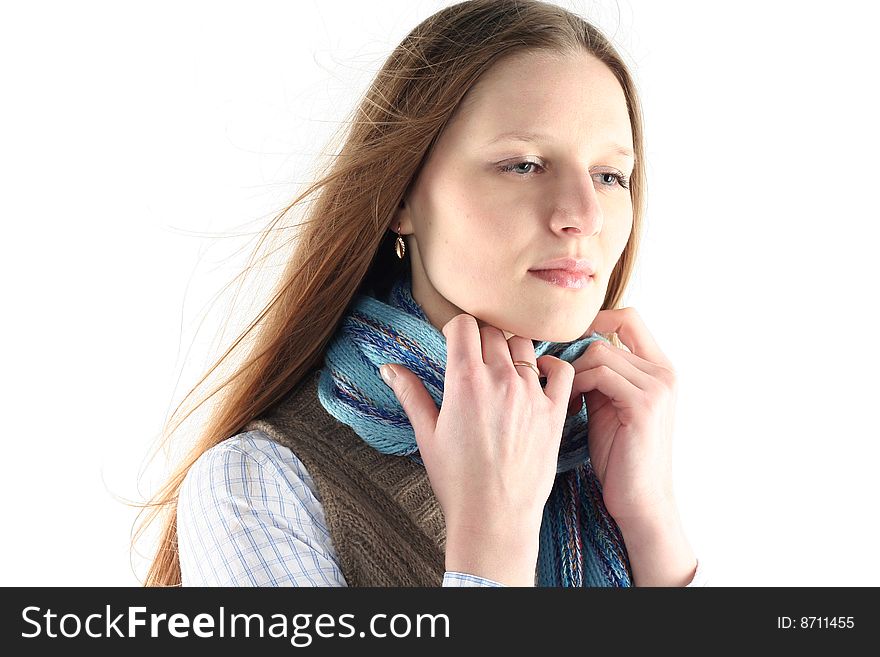 Young woman wrap up into scarf isolated on white background