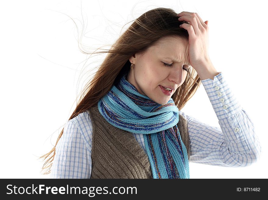 Young woman wrap up into scarf isolated on white background