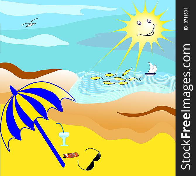 Tropical beach with umbrella . vector illustration. Tropical beach with umbrella . vector illustration