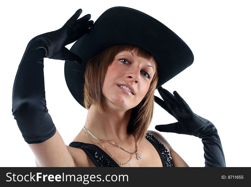 Lovely yong woman in hat and gloves isolated on white background