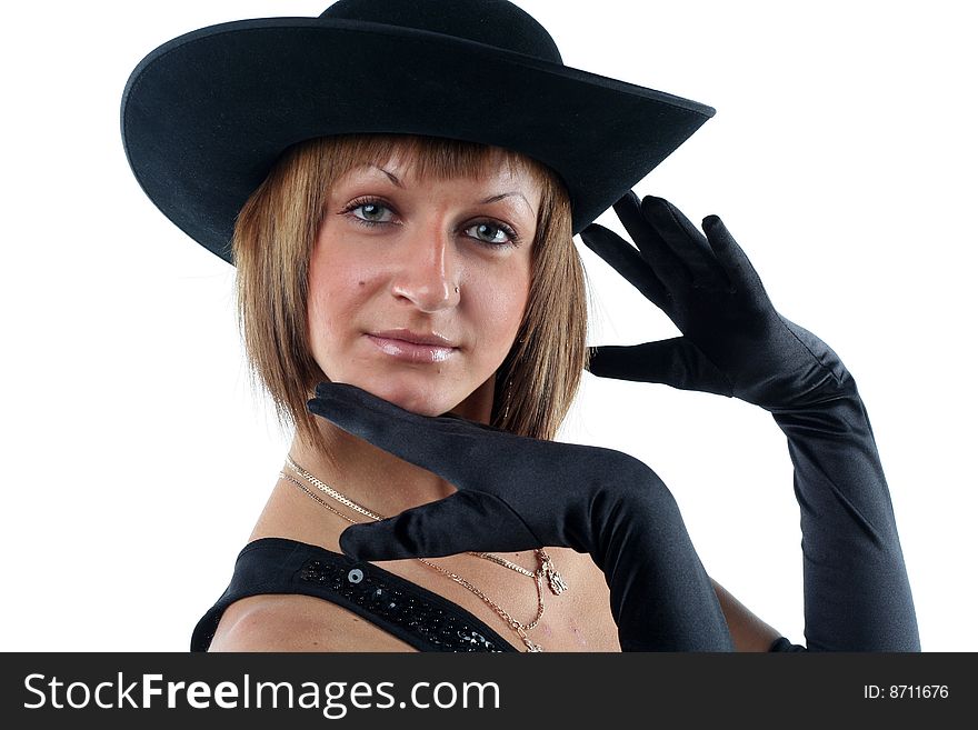 Lovely yong woman in hat and gloves isolated on white background