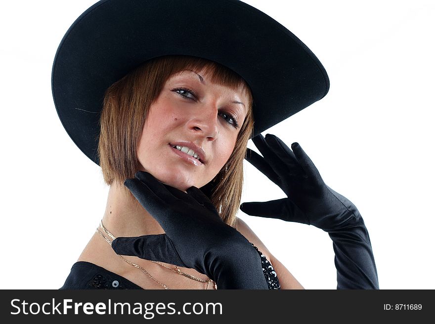 Lovely yong woman in hat and gloves isolated on white background