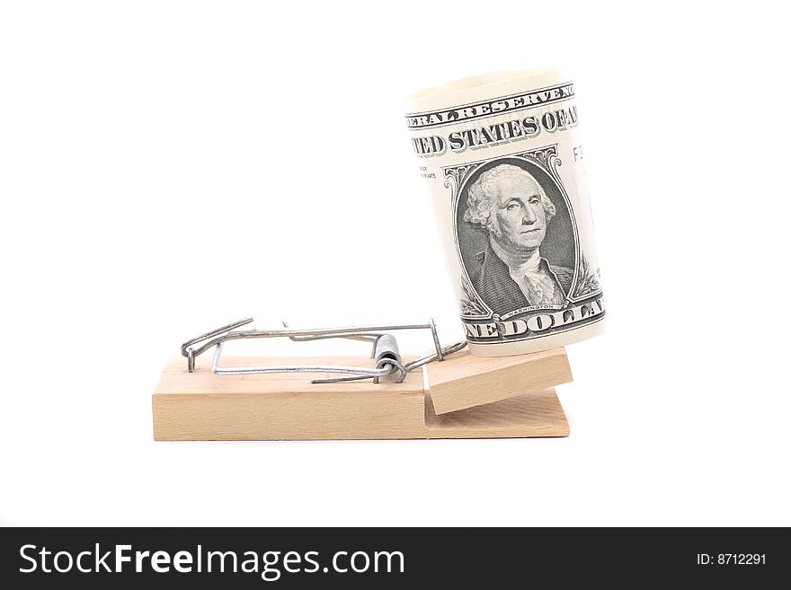 American dollar bill on mouse trap isolated over white background