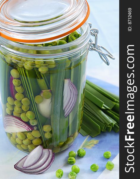 Marinated vegetables in glass jar
